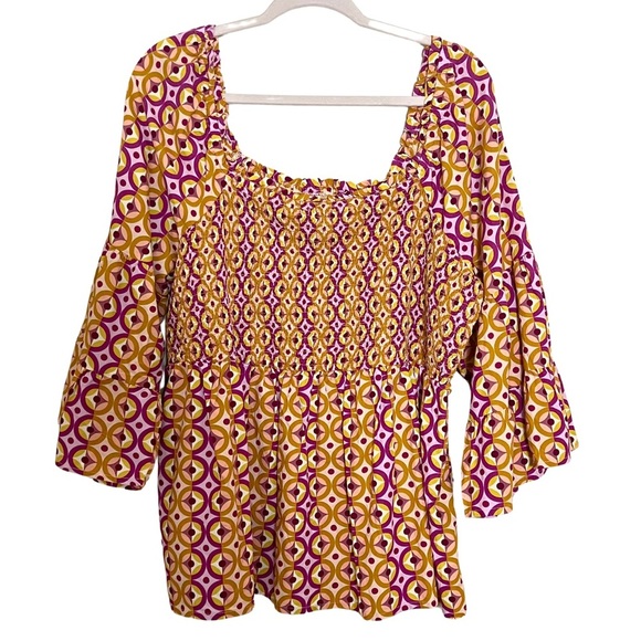 Faded Glory Geometric Smocked Peasant Boho Renaissance Top Size 1X Bell Sleeve - Picture 1 of 9